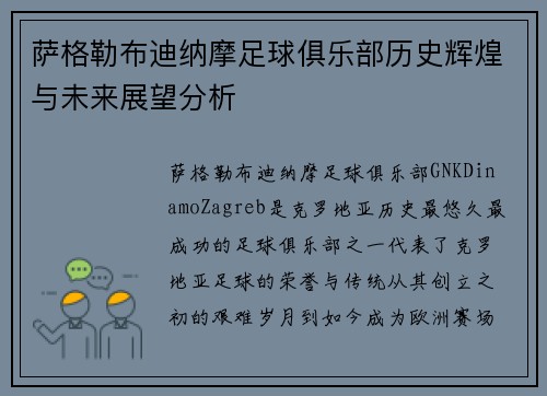 萨格勒布迪纳摩足球俱乐部历史辉煌与未来展望分析
