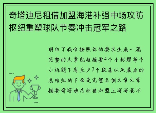 奇塔迪尼租借加盟海港补强中场攻防枢纽重塑球队节奏冲击冠军之路