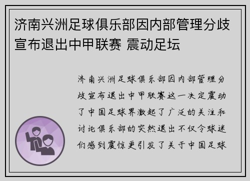 济南兴洲足球俱乐部因内部管理分歧宣布退出中甲联赛 震动足坛