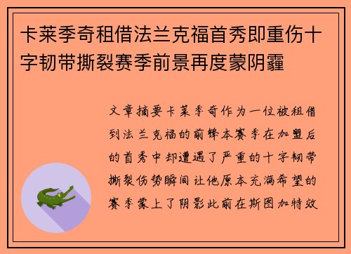卡莱季奇租借法兰克福首秀即重伤十字韧带撕裂赛季前景再度蒙阴霾