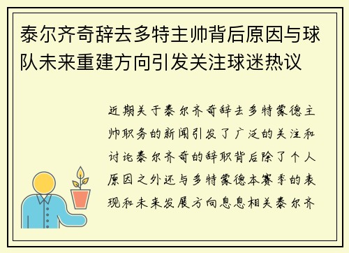 泰尔齐奇辞去多特主帅背后原因与球队未来重建方向引发关注球迷热议 泰尔齐奇辞去多特主帅背后原因与球队未来重建方向引发关注球迷热议